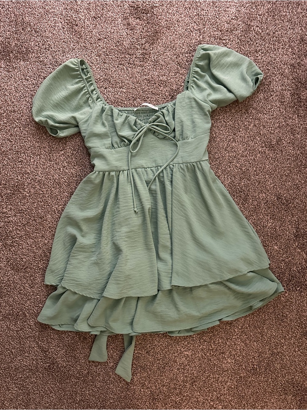 Sage Green Tiered Puff-Sleeve Dress